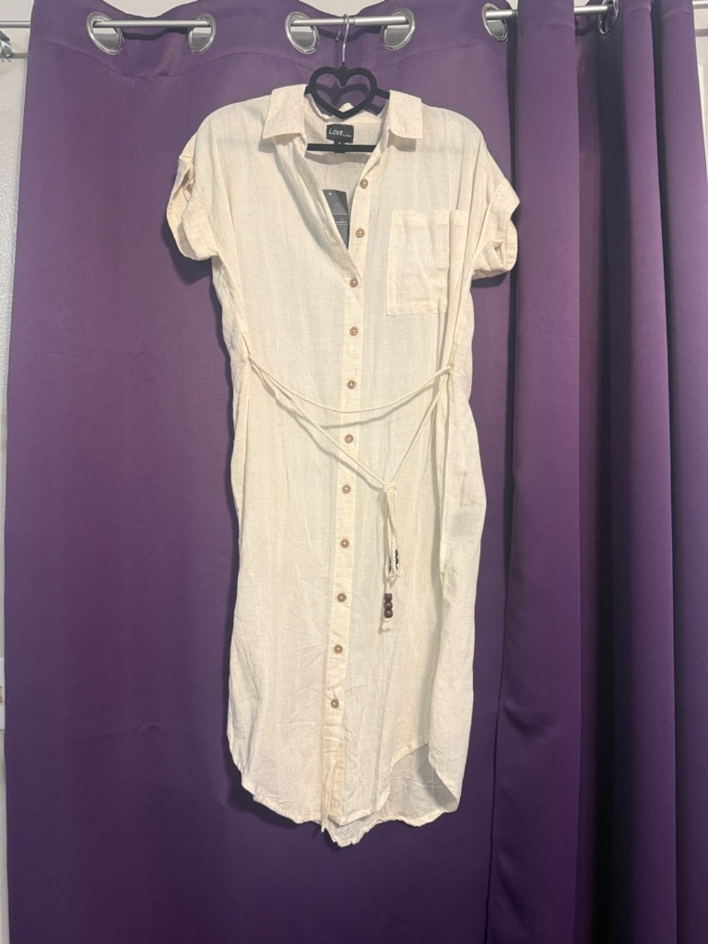 Love Cream Button-Front Midi Shirt Dress with Braided Waist Tie